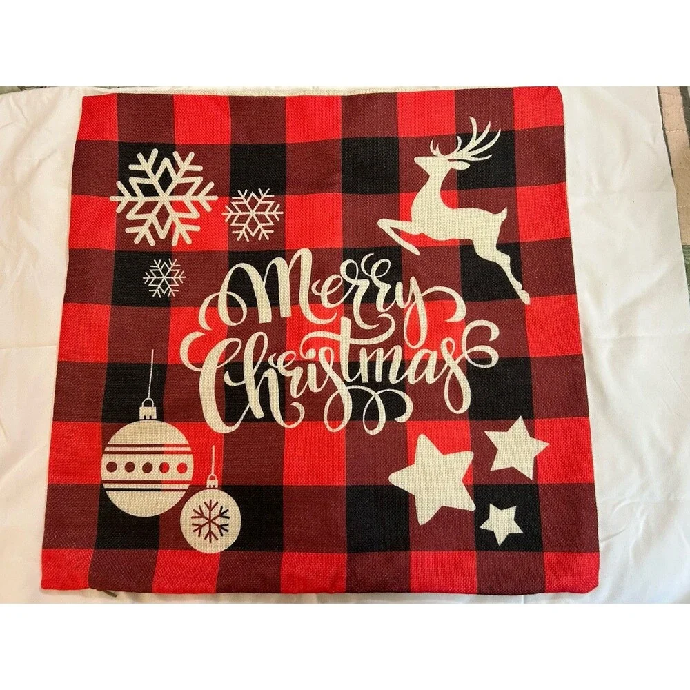Set of 4 Christmas Buffalo Plaid Farmhouse Square Pillow Covers, Tree/Deer
